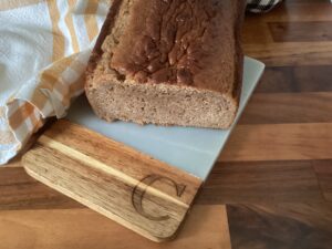 A delicious and easy loaf of apple butter bread fresh out of the oven on the countertop